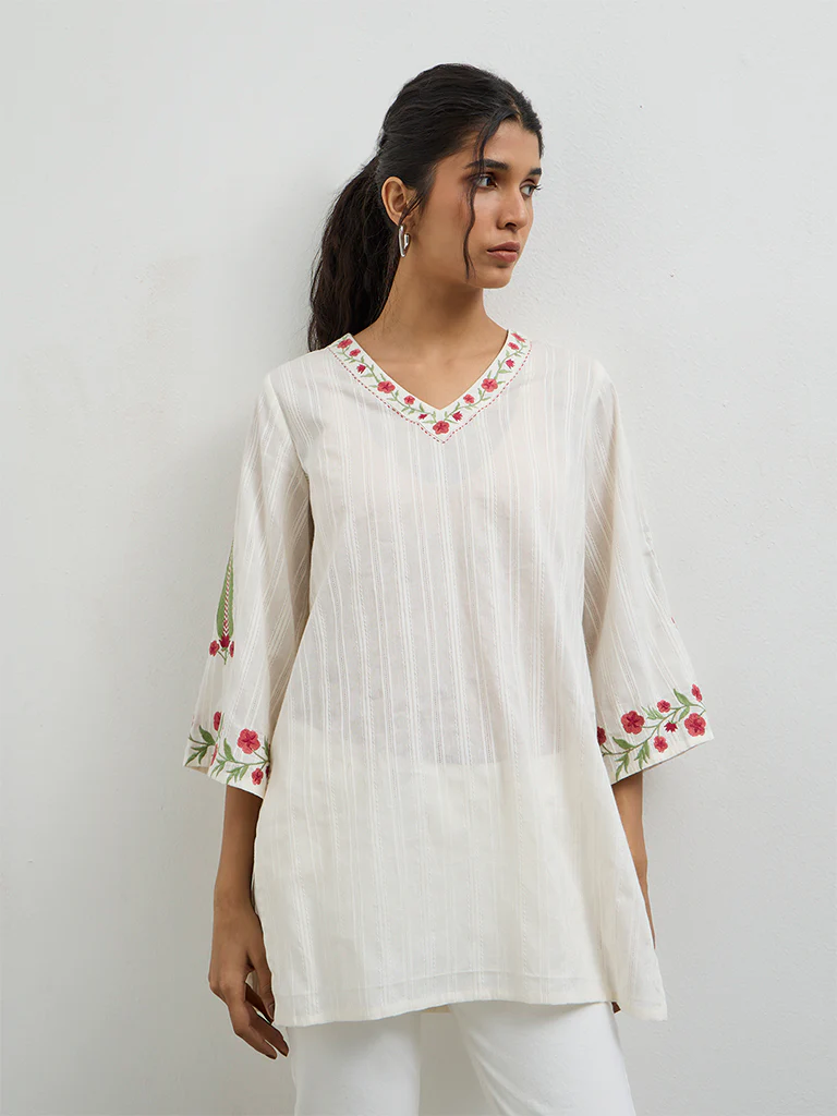 Utsa Off-White Floral Embroidered Cotton Kurti - Image 2