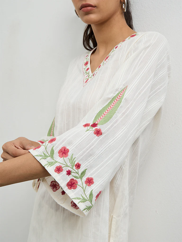 Utsa Off-White Floral Embroidered Cotton Kurti - Image 3