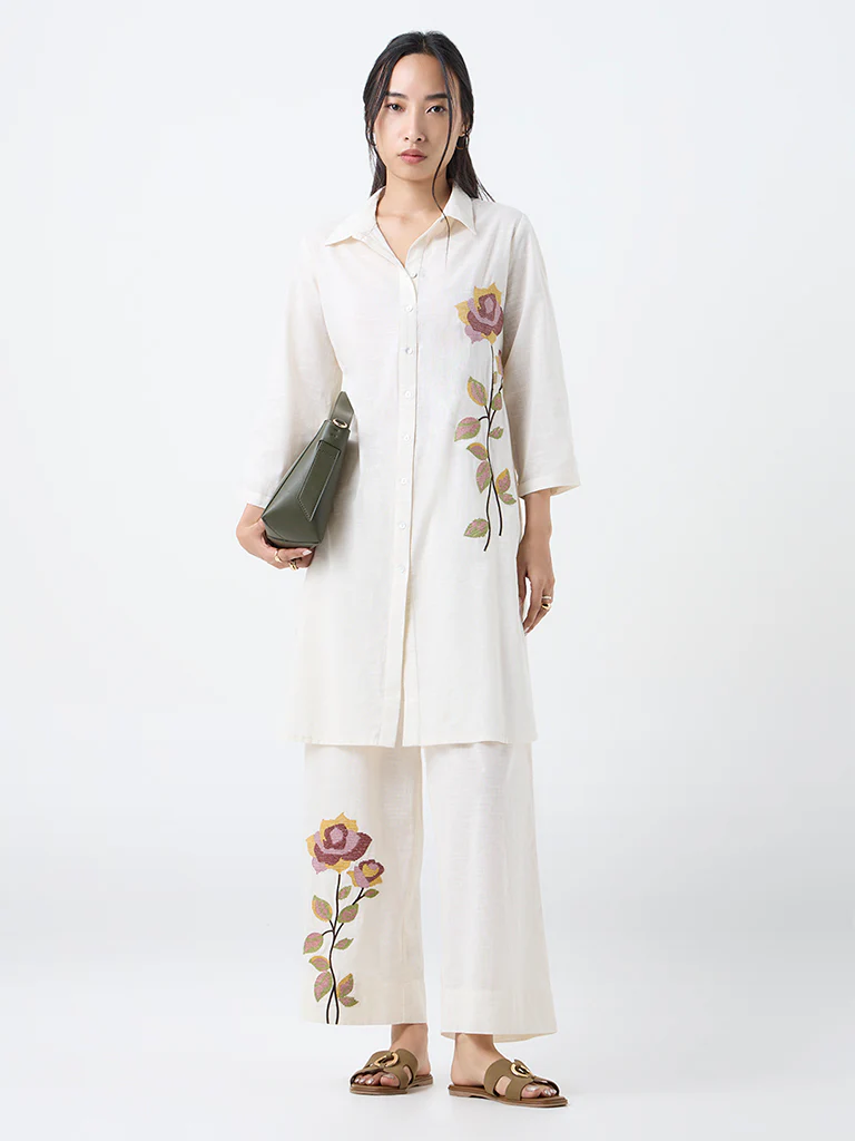 Utsa Off-White Floral Embroidered Cotton Pants - Image 2