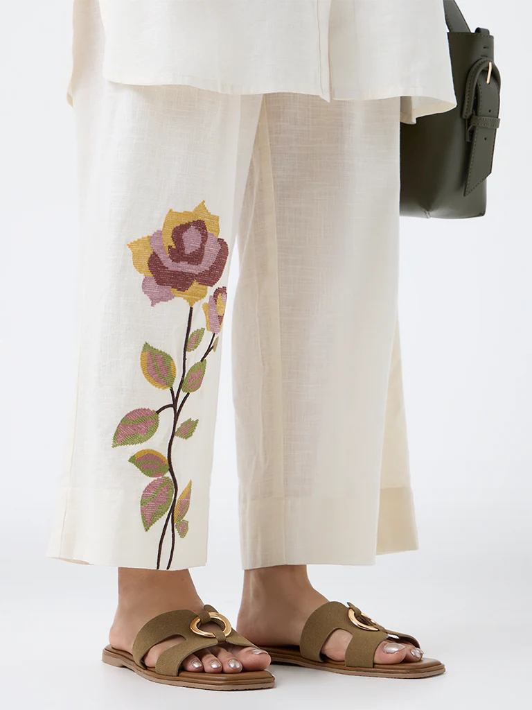 Utsa Off-White Floral Embroidered Cotton Pants - Image 3