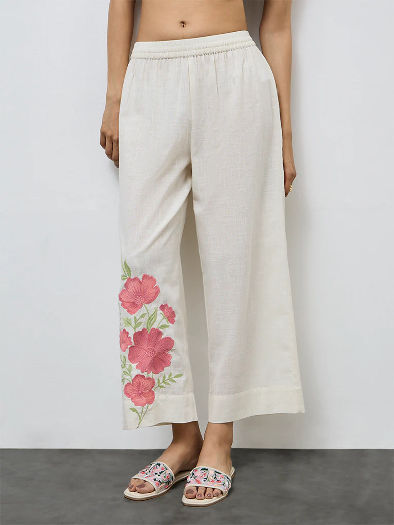 Utsa Off-White Floral Embroidered Cotton Pants