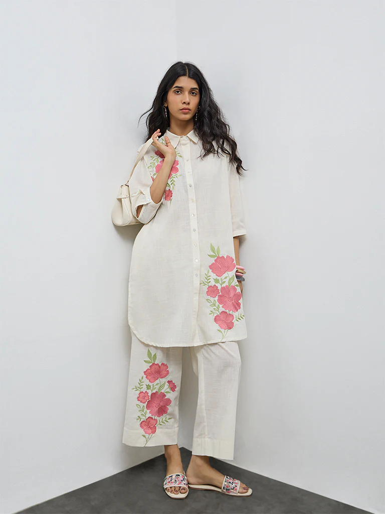 Utsa Off-White Floral Embroidered Cotton Pants - Image 2