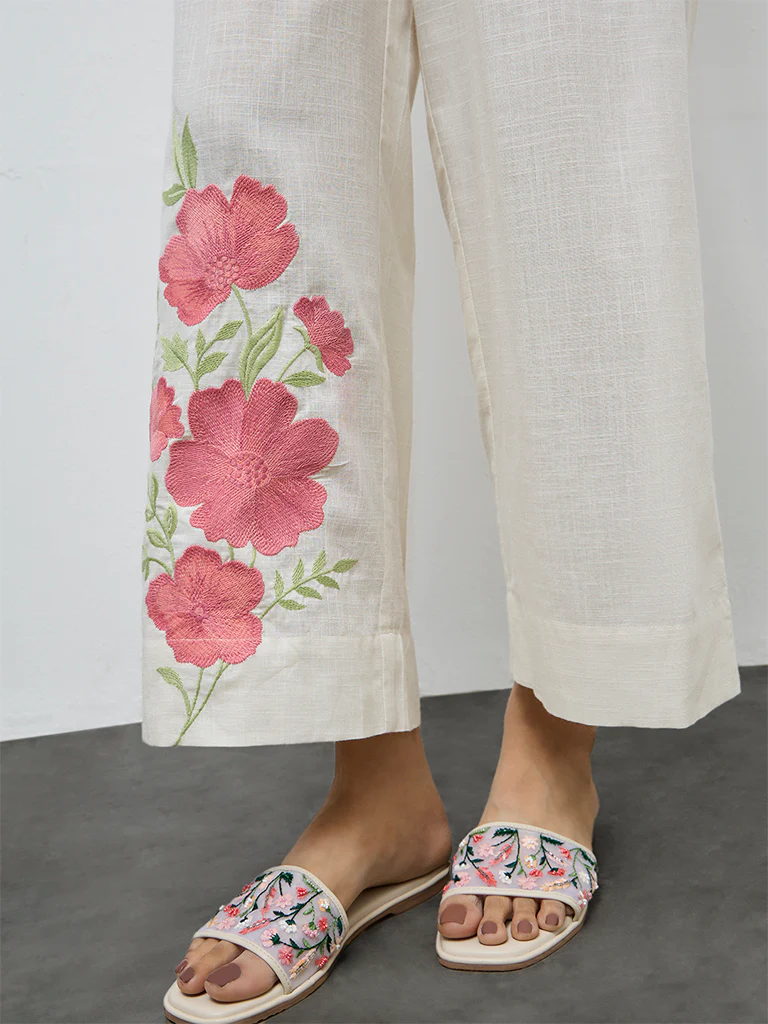 Utsa Off-White Floral Embroidered Cotton Pants - Image 3