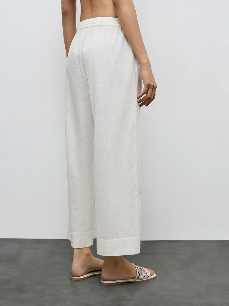 Utsa Off-White Floral Embroidered Cotton Pants - Image 4