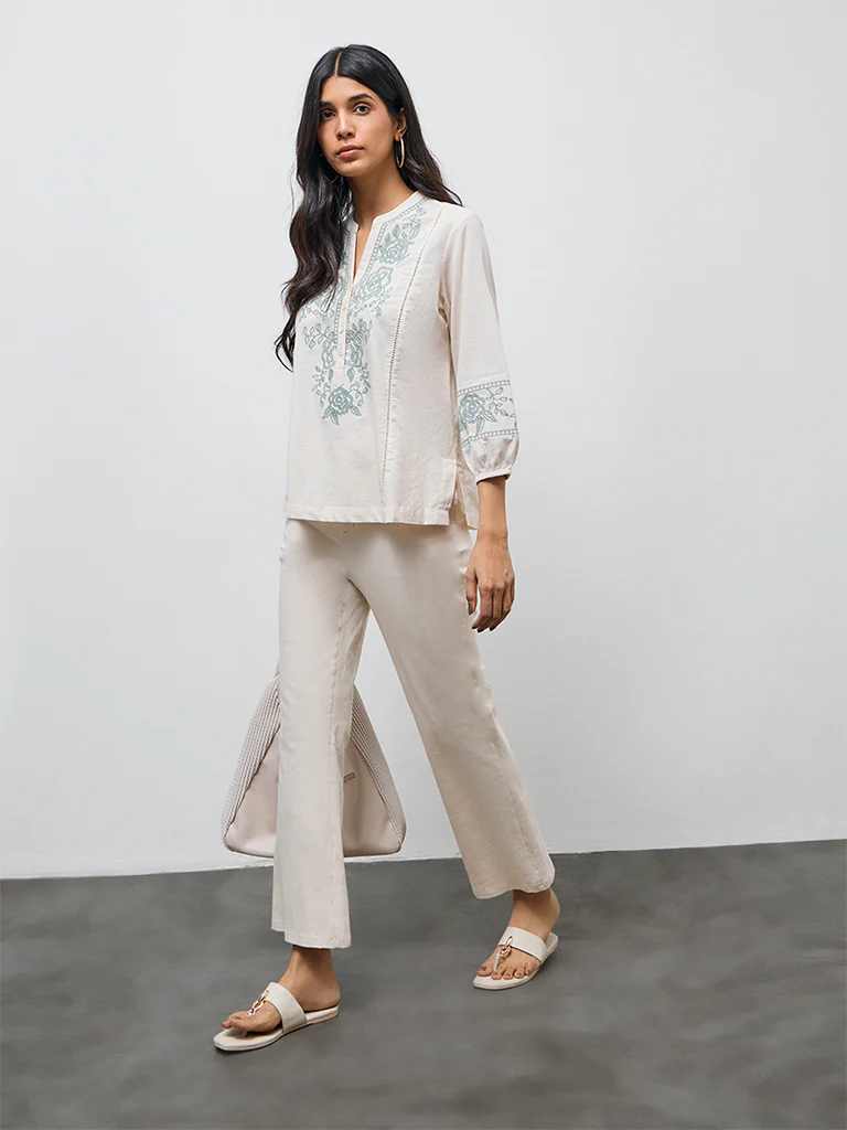 Utsa Off-White Floral Embroidered Cotton Tunic
