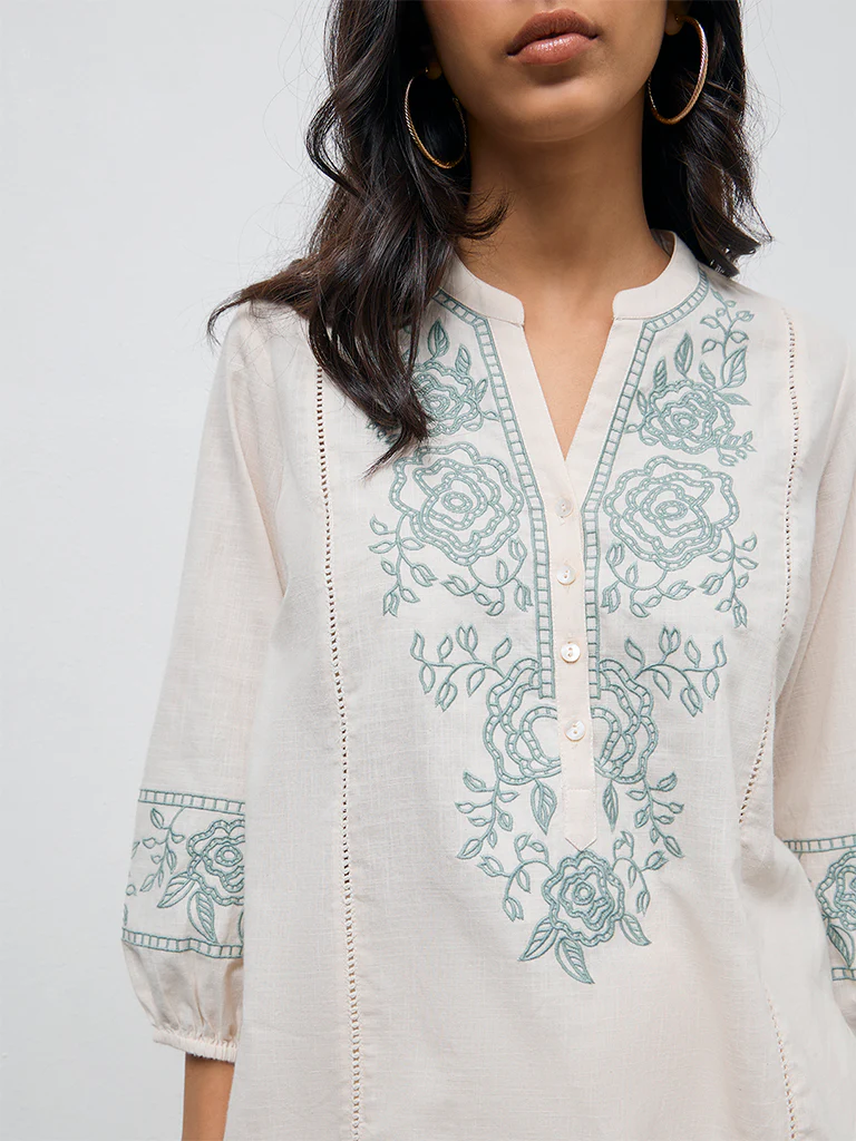 Utsa Off-White Floral Embroidered Cotton Tunic - Image 3