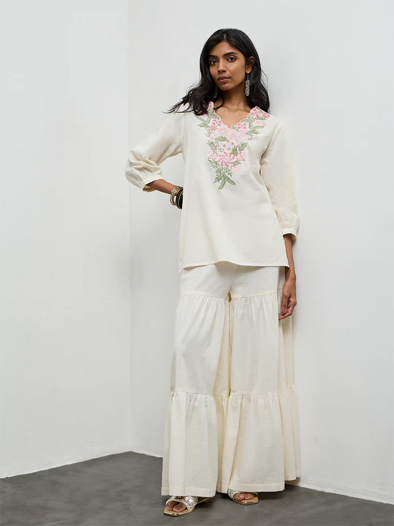 Utsa Off-White Floral Embroidered Cotton Tunic - Image 2