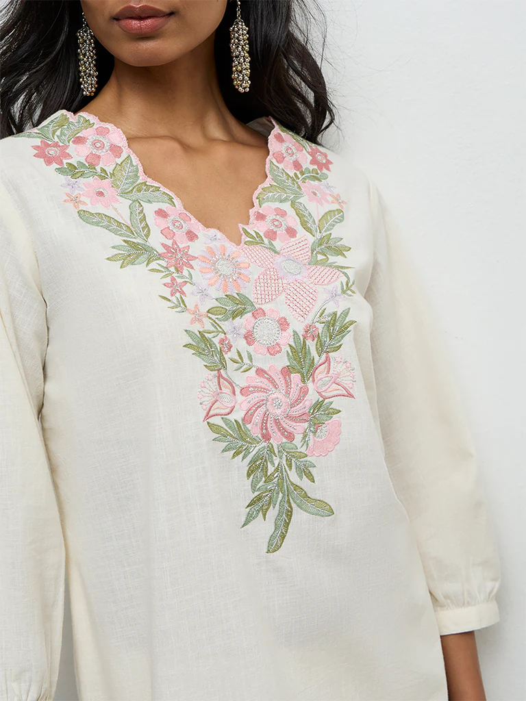 Utsa Off-White Floral Embroidered Cotton Tunic - Image 3
