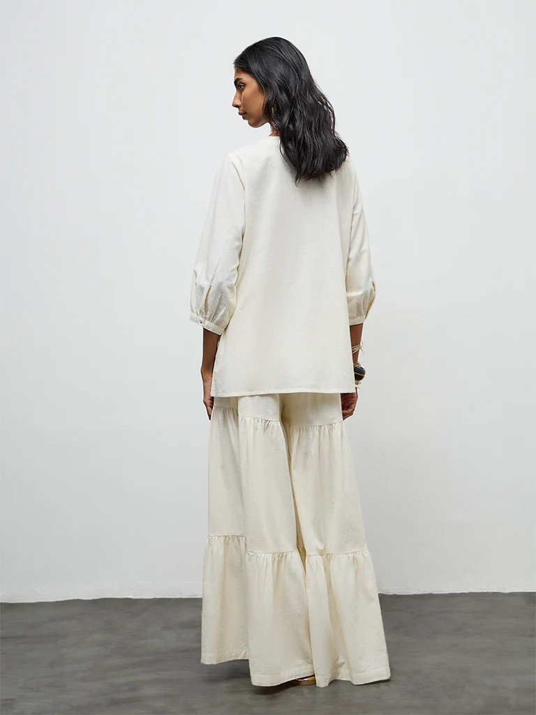 Utsa Off-White Floral Embroidered Cotton Tunic - Image 4