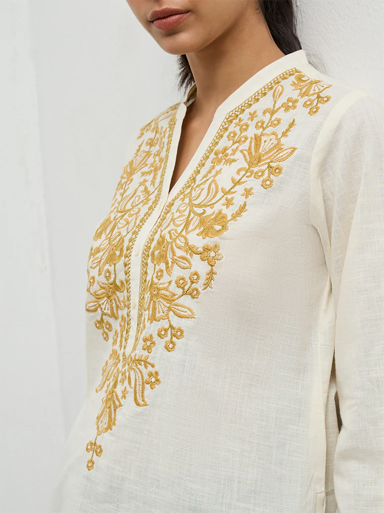 Utsa Off-White Floral Embroidered Cotton Tunic - Image 3