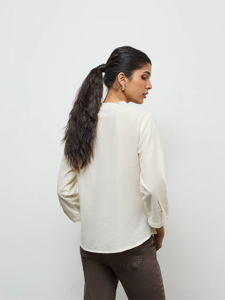Utsa Off-White Floral Embroidered Cotton Tunic - Image 4