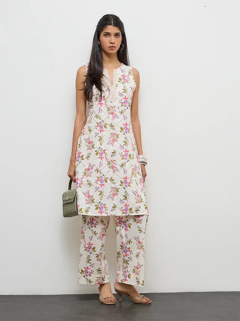 Utsa Off-White Floral Pattern Cotton A-Line Kurta