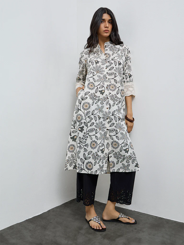 Utsa Off-White Floral Pattern Cotton-Blend A-Line Kurta - Image 2