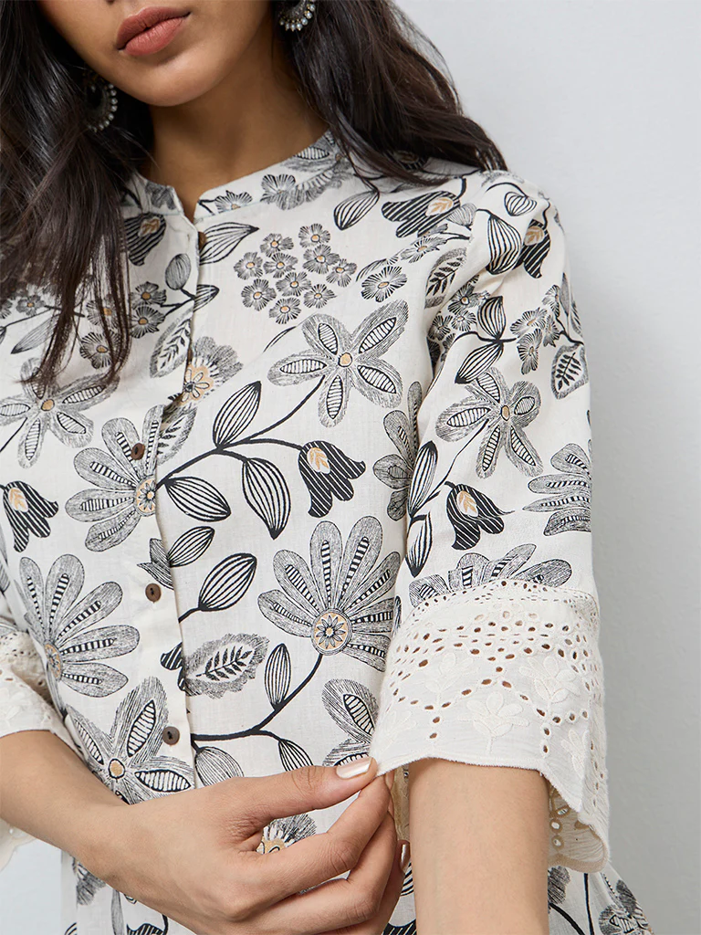 Utsa Off-White Floral Pattern Cotton-Blend A-Line Kurta - Image 3