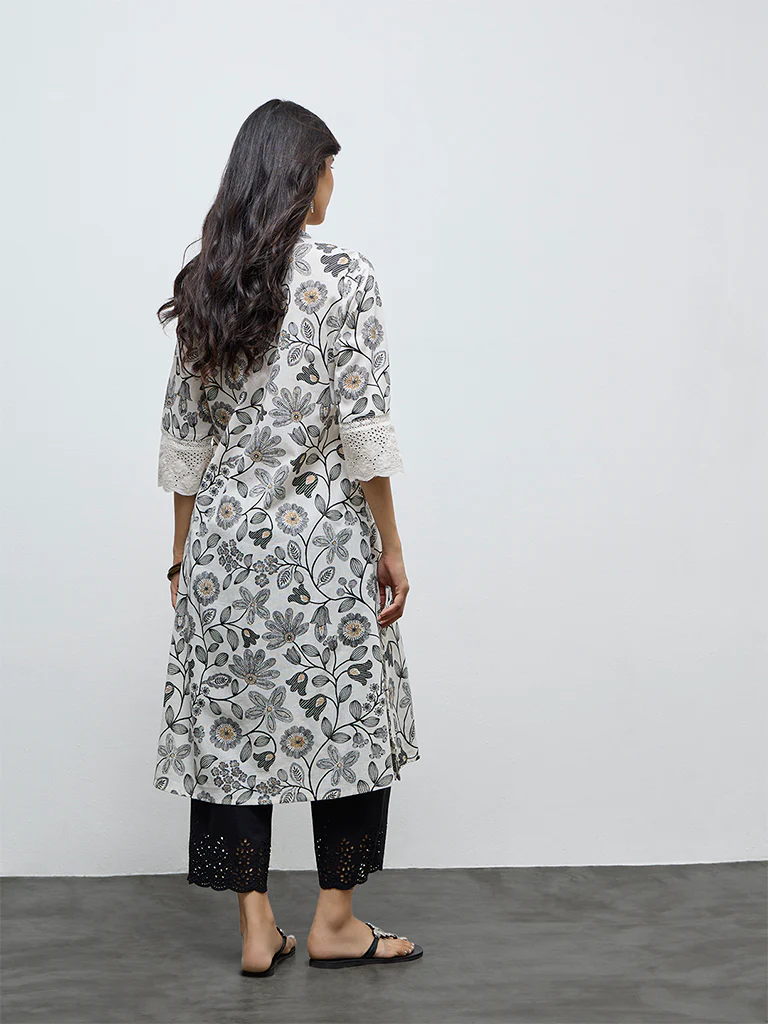 Utsa Off-White Floral Pattern Cotton-Blend A-Line Kurta - Image 4