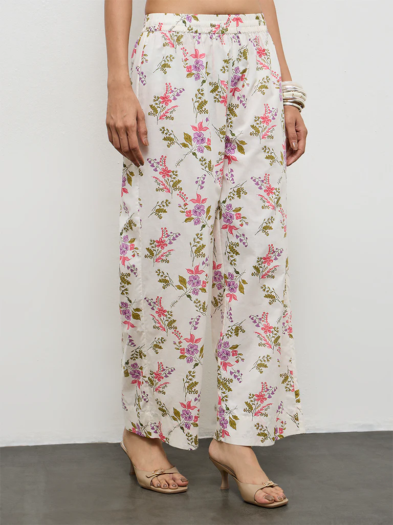 Utsa Off-White Floral Pattern Cotton Pants