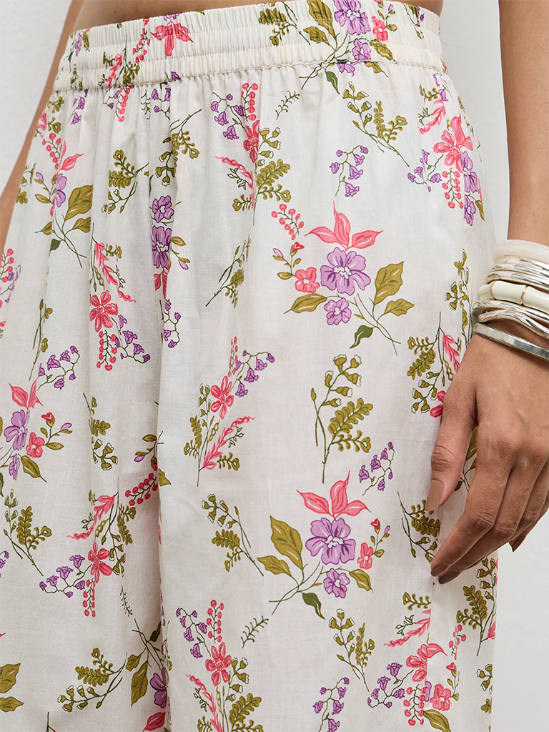 Utsa Off-White Floral Pattern Cotton Pants - Image 3