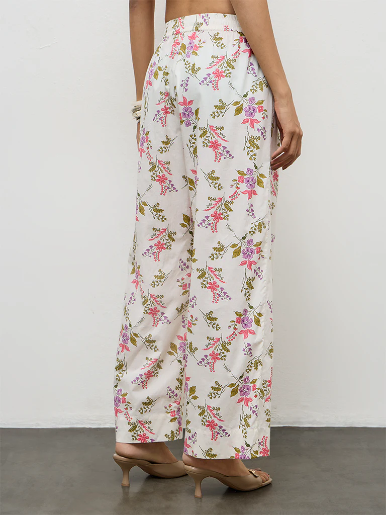 Utsa Off-White Floral Pattern Cotton Pants - Image 4