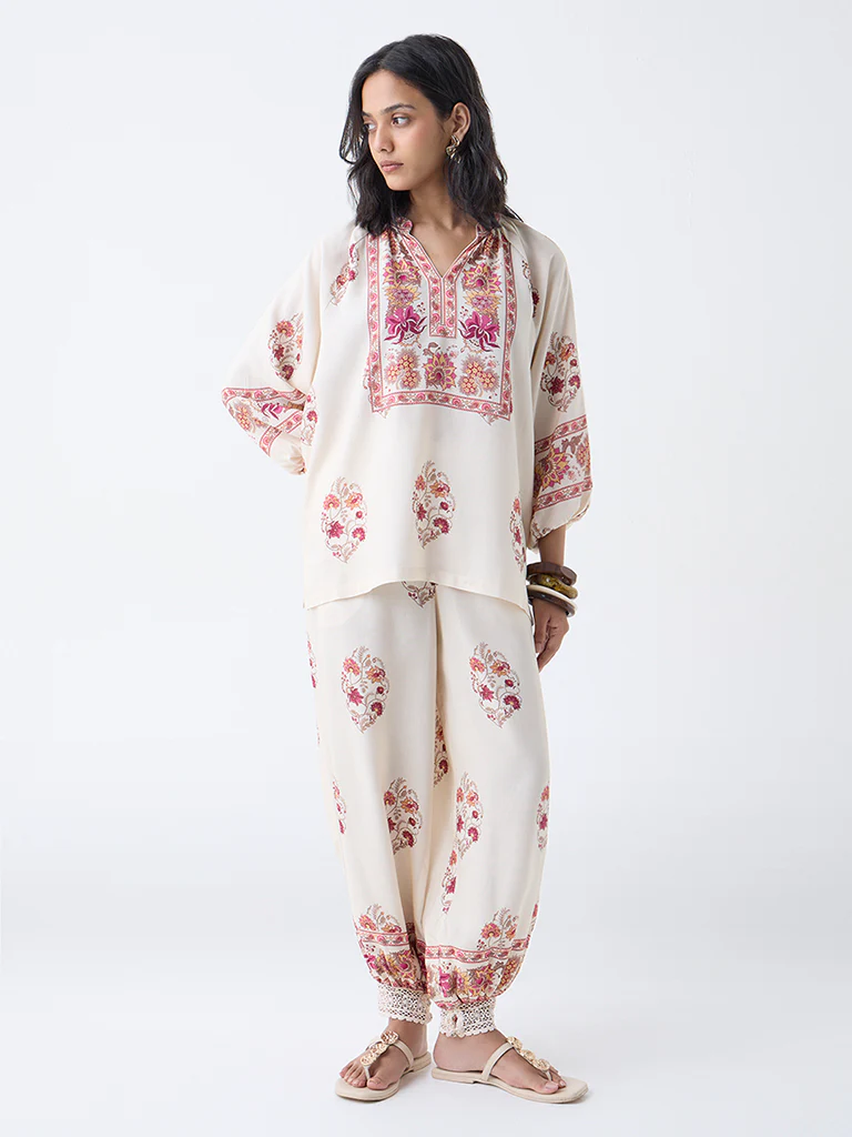 Utsa Off-White Floral Pattern Harem-Style Pants - Image 2