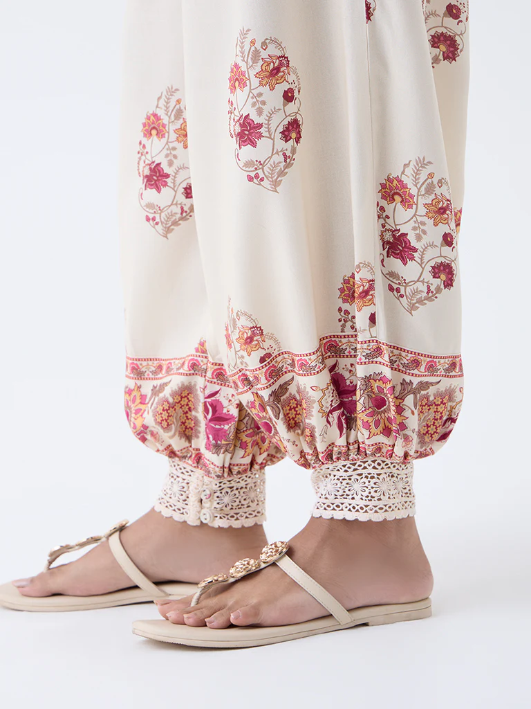 Utsa Off-White Floral Pattern Harem-Style Pants - Image 3