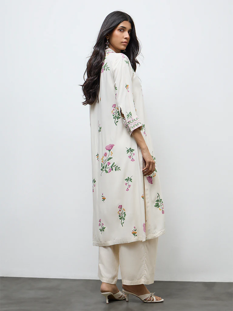 Utsa Off-White Floral Printed A-Line Kurta - Image 4