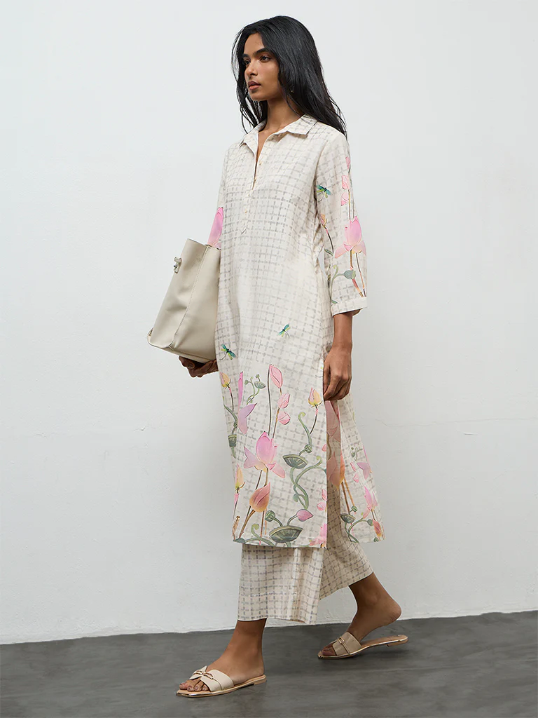 Utsa Off-White Floral Printed A-Line Kurta - Image 2