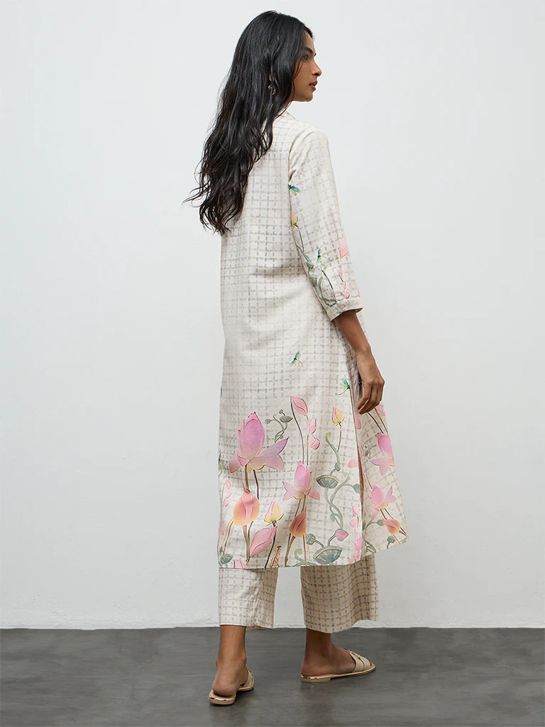 Utsa Off-White Floral Printed A-Line Kurta - Image 4