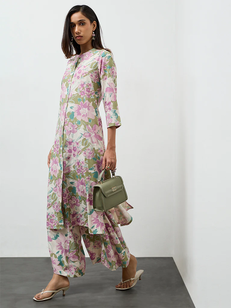 Utsa Off-White Floral Printed A-Line Kurta - Image 2