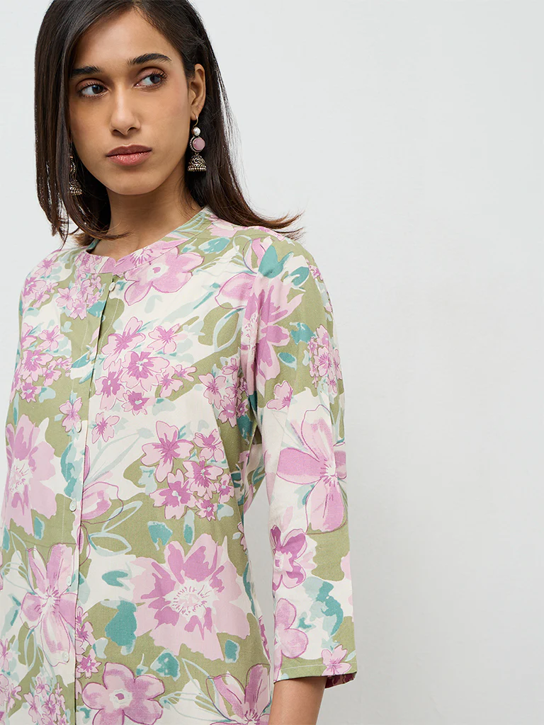 Utsa Off-White Floral Printed A-Line Kurta - Image 3