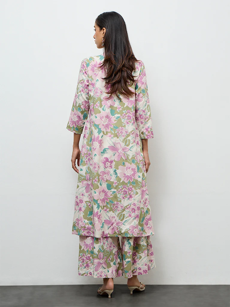 Utsa Off-White Floral Printed A-Line Kurta - Image 4