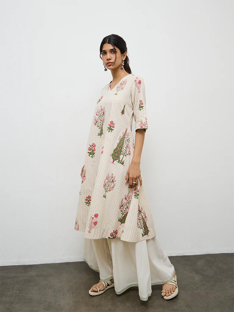 Utsa Off-White Floral Printed Cotton A-Line Kurta