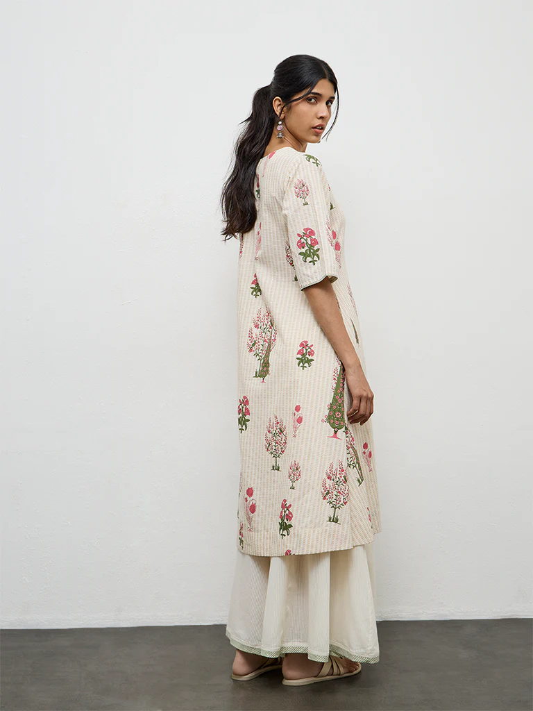 Utsa Off-White Floral Printed Cotton A-Line Kurta - Image 3
