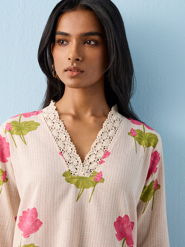 Utsa Off-White Floral Printed Cotton-Blend A-Line Kurta - Image 3