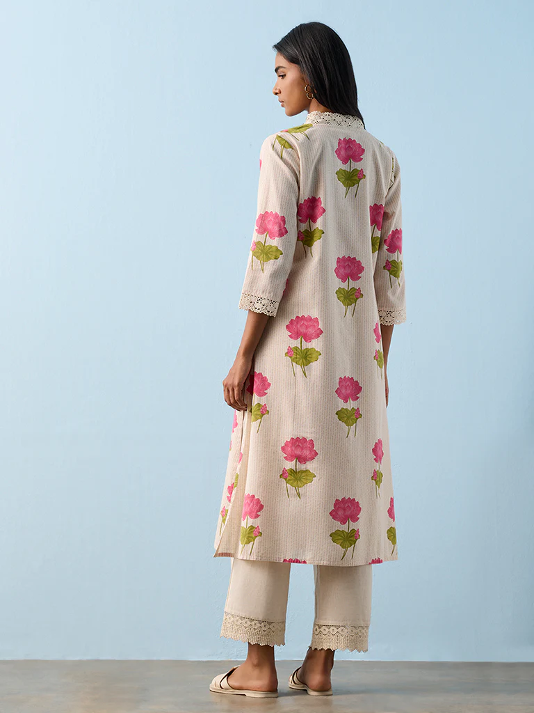 Utsa Off-White Floral Printed Cotton-Blend A-Line Kurta - Image 4
