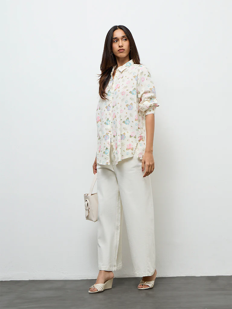 Utsa Off-White Floral Printed Cotton-Blend Tunic - Image 2