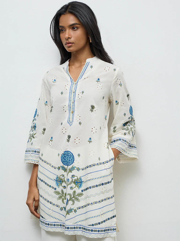 Utsa Off-White Floral Printed Cotton Kurti - Image 2