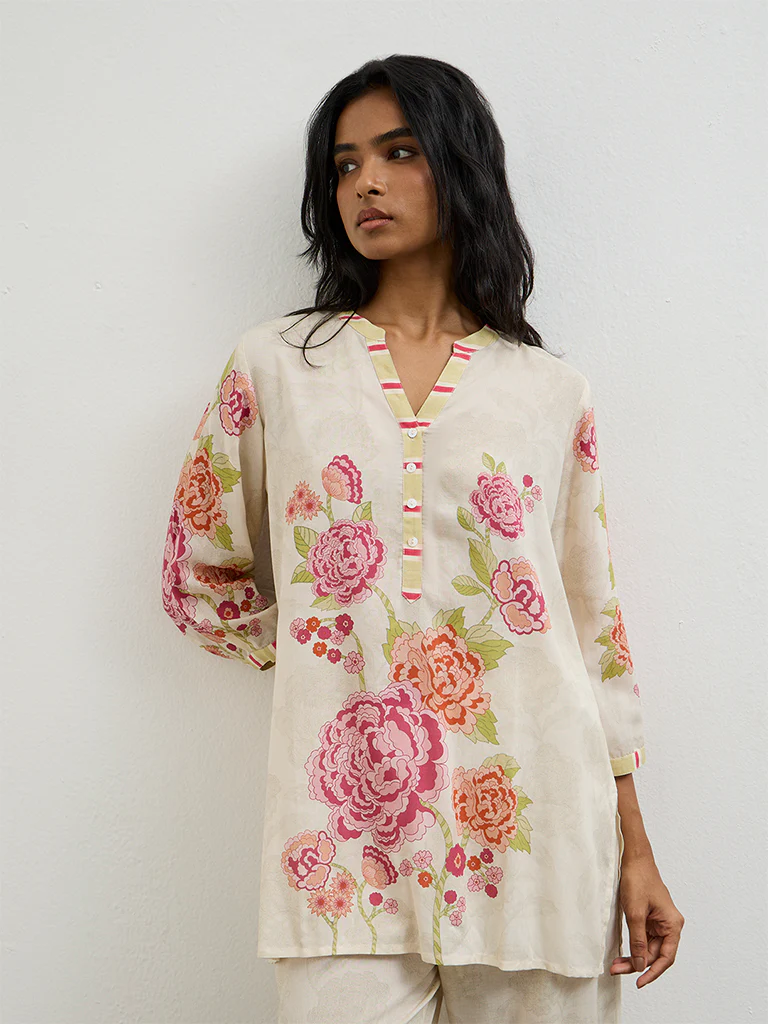 Utsa Off-White Floral Printed Kurti - Image 2