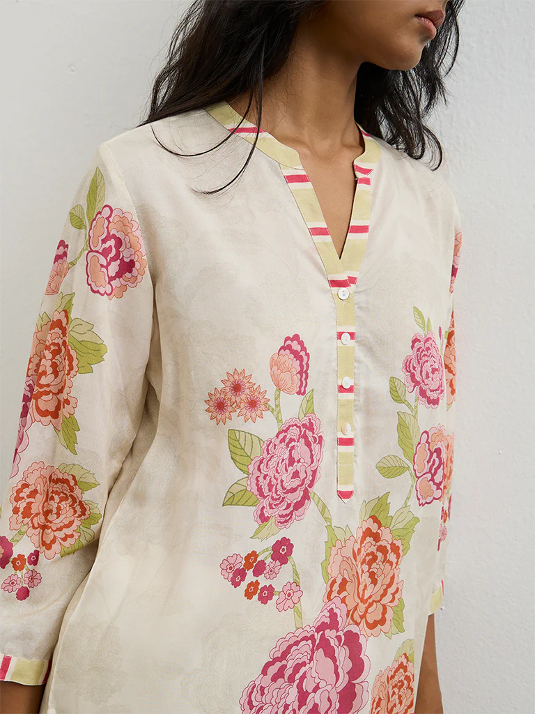 Utsa Off-White Floral Printed Kurti - Image 3
