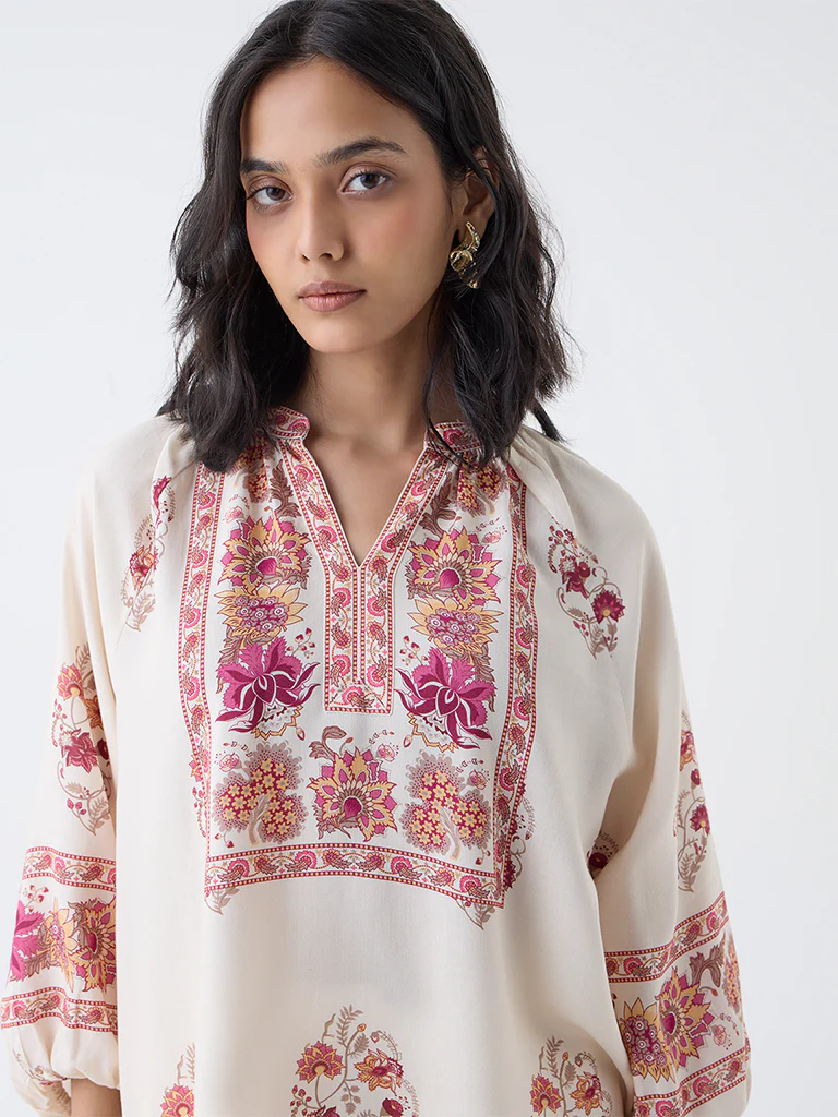 Utsa Off-White Floral Printed Tunic - Image 3