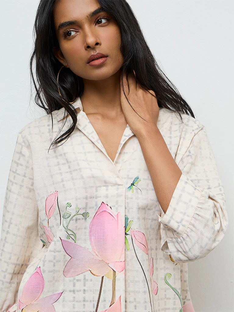 Utsa Off-White Floral Printed Tunic - Image 3
