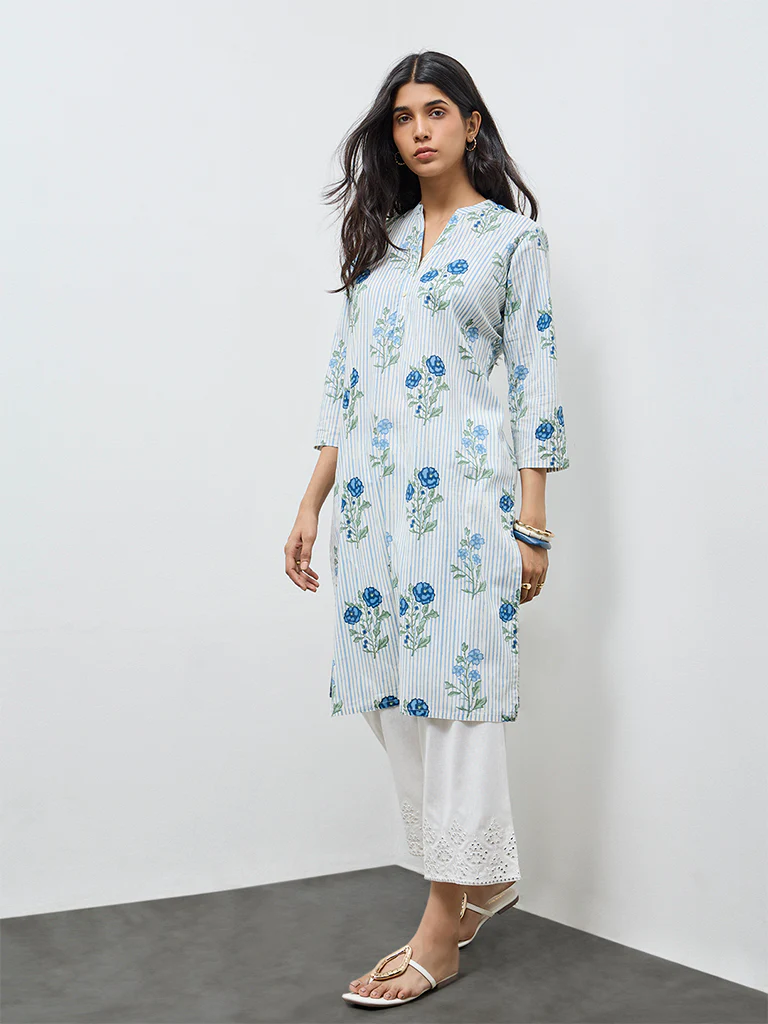 Utsa Off-White Floral Straight Cotton Kurta