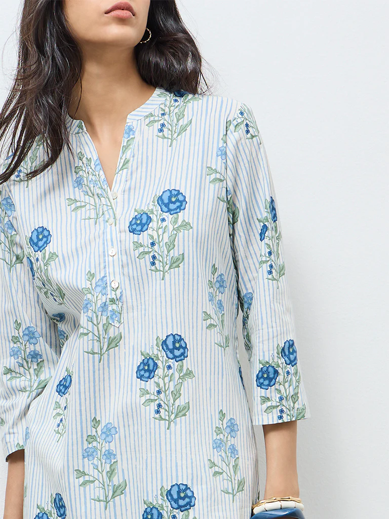 Utsa Off-White Floral Straight Cotton Kurta - Image 3