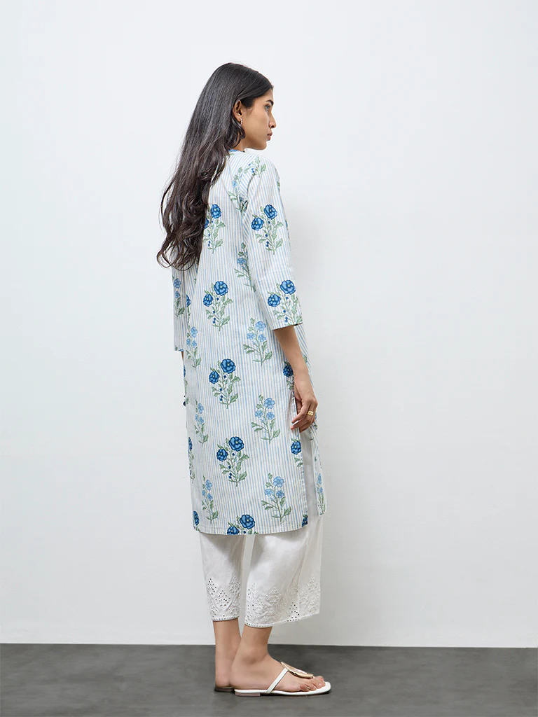 Utsa Off-White Floral Straight Cotton Kurta - Image 4