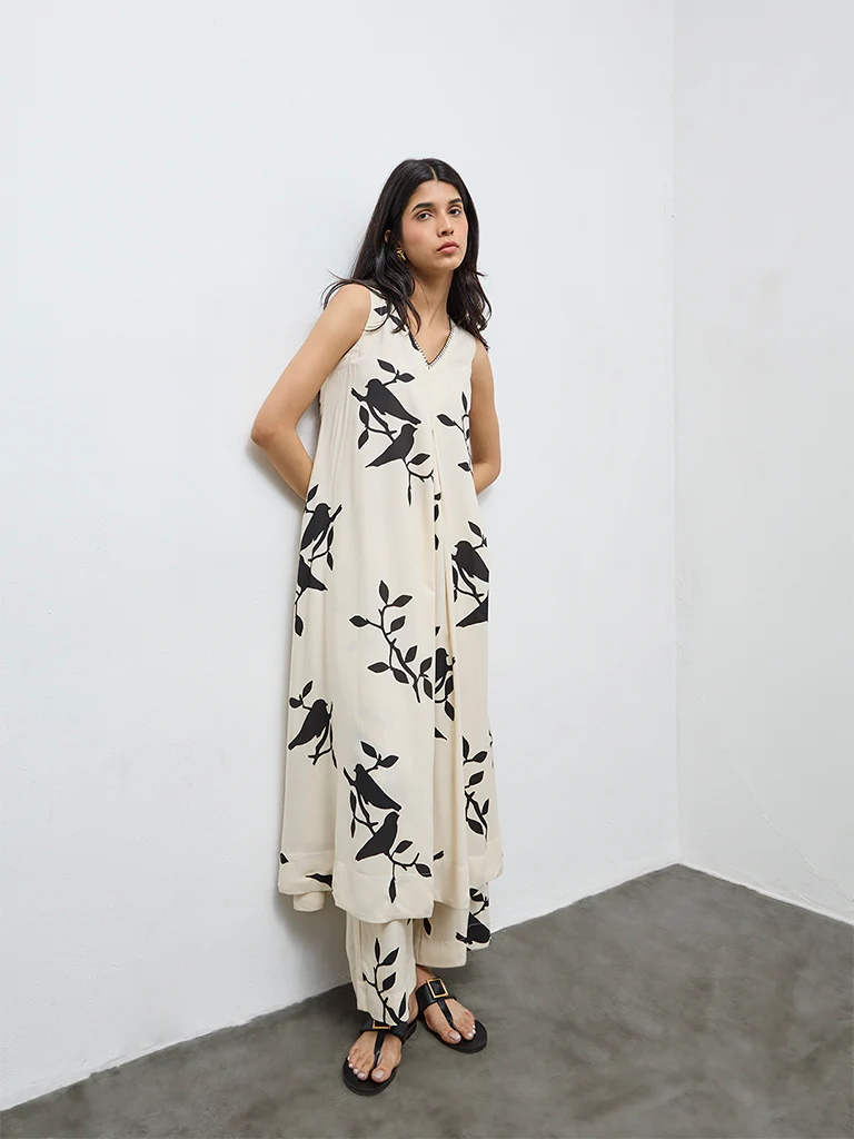 Utsa Off-White Foliage Design A-Line Kurta - Image 2