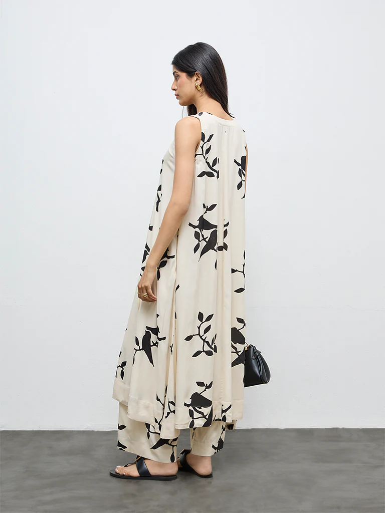Utsa Off-White Foliage Design A-Line Kurta - Image 4