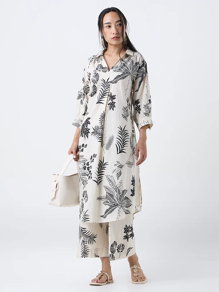 Utsa Off-White Foliage Design Cotton A-Line Kurta