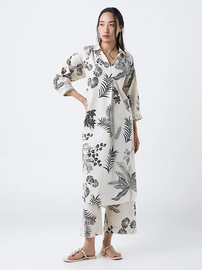 Utsa Off-White Foliage Design Cotton A-Line Kurta - Image 2