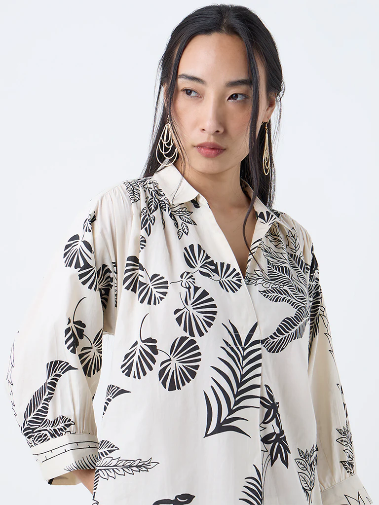 Utsa Off-White Foliage Design Cotton A-Line Kurta - Image 3