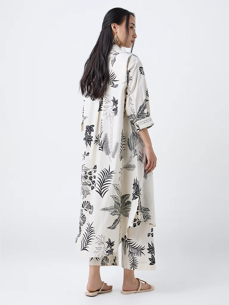 Utsa Off-White Foliage Design Cotton A-Line Kurta - Image 4