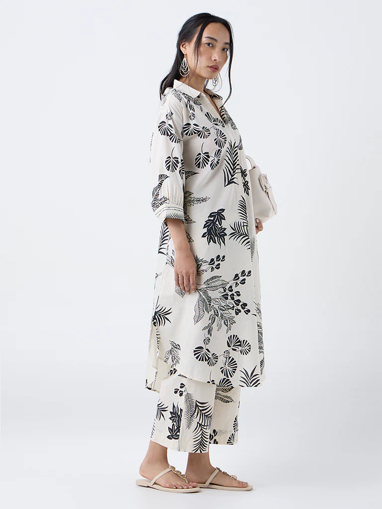 Utsa Off-White Foliage Printed Cotton Ethnic Pants - Image 2